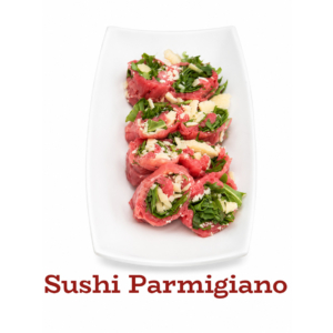SUSHI DI CARPACCIO Carpaccio di scottona con Parmigiano Reggiano 36 mesi e rucola